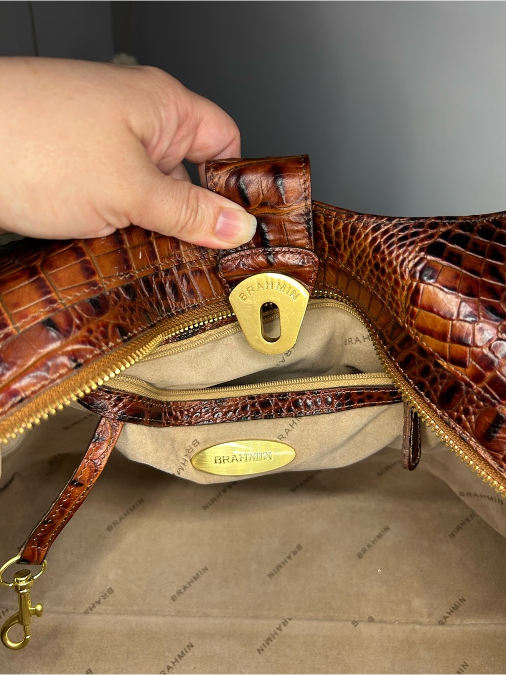 Brahmin Melbourne Elise Pecan Croc Embossed Satchel Bag - Picture 13 of 13